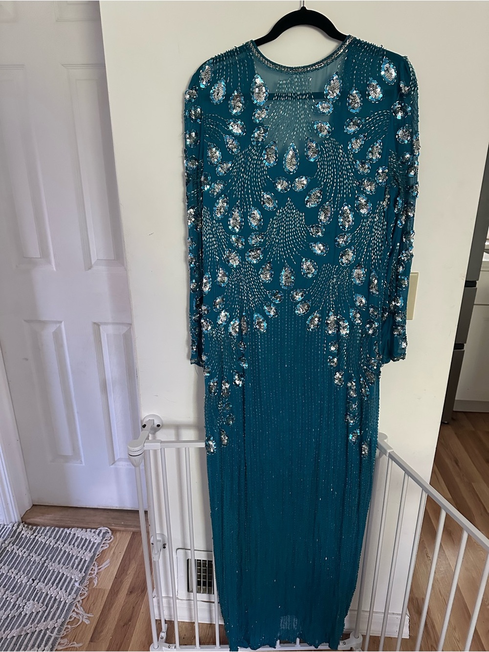 Vintage 80s RARE 100% silk Teal Beaded Long Sleeve Evening Gown